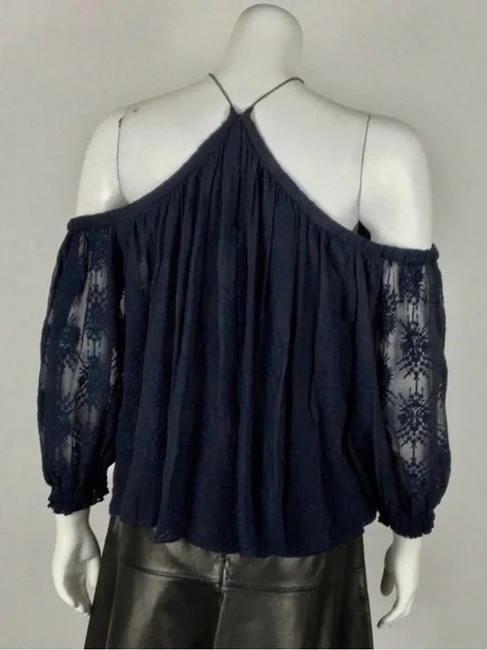 Rebecca Taylor is 100% Silk Navy Off-Shoulder Long sleeve Lace Blouse Size 2 - Picture 4 of 6